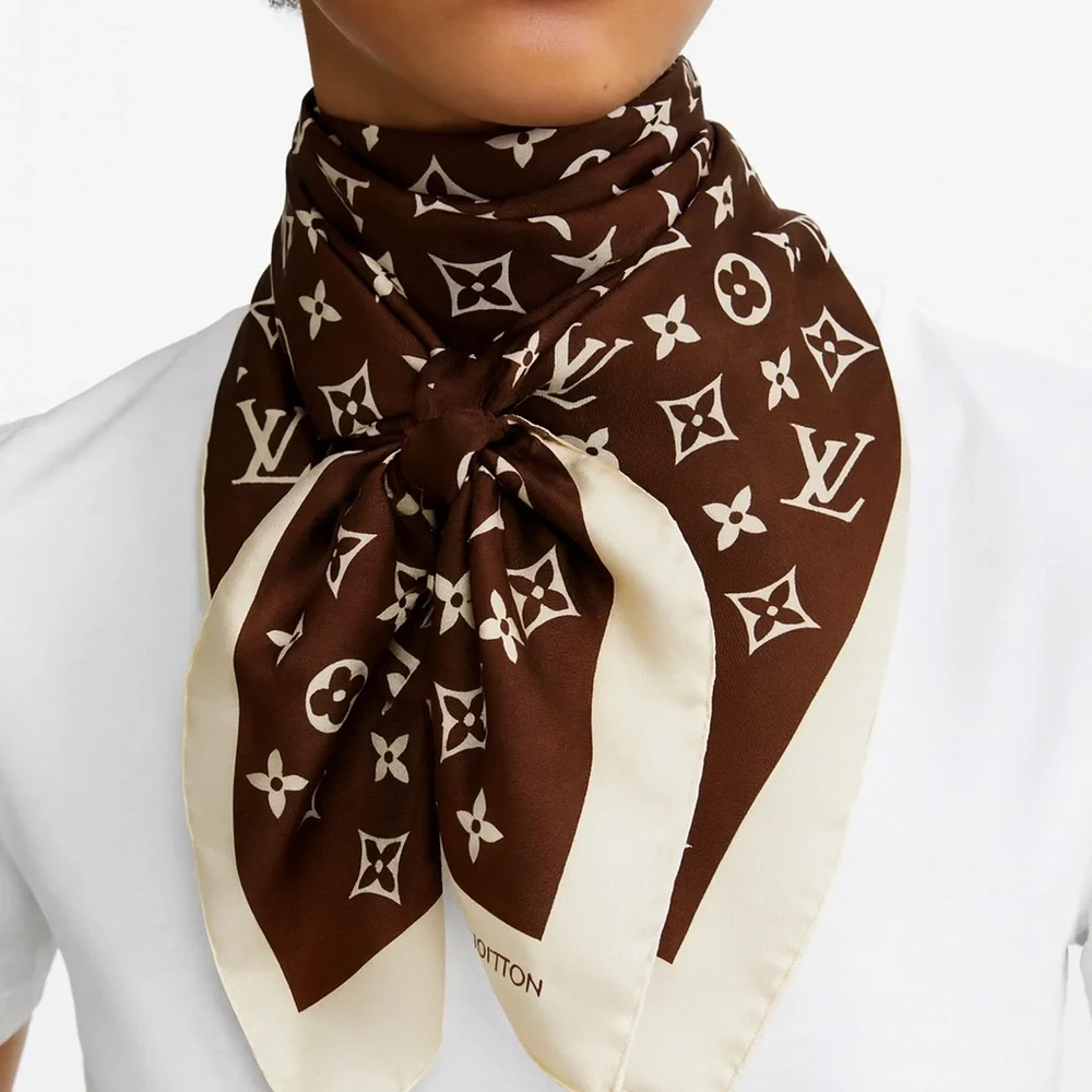 RARE VINTAGE LOUIS VUITTON Brown and Beige LV Monogram Silk Scarf - Picture 1 of 8